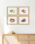 Four framed botanical fruit prints arranged in a 2x2 grid on a white wall above a light wood cabinet. The prints show green mango, pink dragon fruit, brown coconuts, and a purple banana flower, each in a light wood frame with white matting.